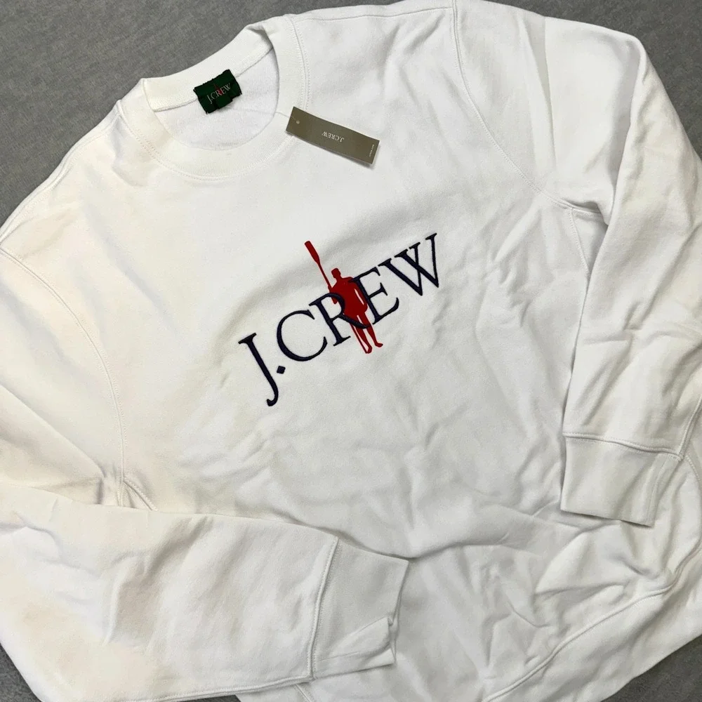 J Crew Sweatshirt Mens Large White Heritage Oarsman Graphic 14 Oz Fleece NEW